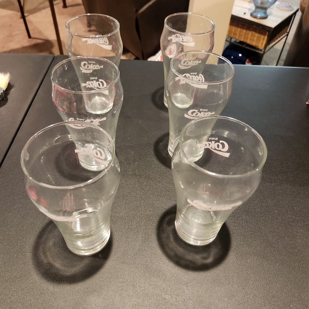 Coca Cola Branded Clear Glass Set- 4 Large. 2 Small